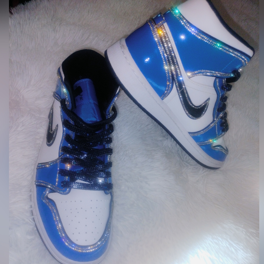 Dynamic Custom Rhinestone Blue and White High-Top Jordan 1s Athletic Sneakers